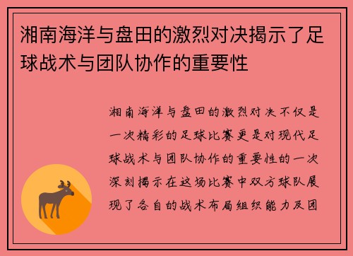 湘南海洋与盘田的激烈对决揭示了足球战术与团队协作的重要性